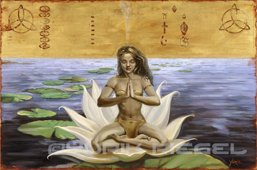 woman meditation on a lotus blossom with gold background